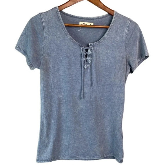 HOLLISTER Lace Up Tied T-Shirt Blue Short Sleeve Sunwashed M - Picture 2 of 10